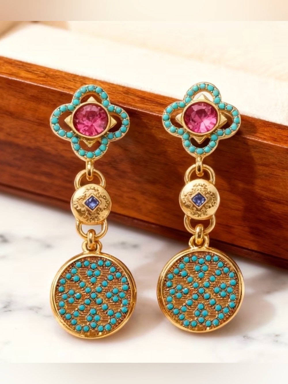 Western Earrings Gold-Tone Turquoise & Pink Drop Earrings - Women's Jewelry